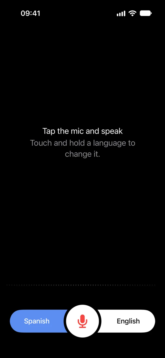 Saylate's single screen: Spanish and English on either side of the mic button